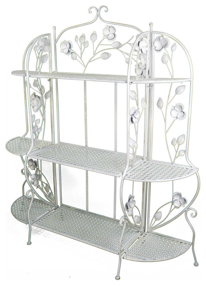 HomeRoots Antiqued White Floral 3 Shelf Bakers Rack