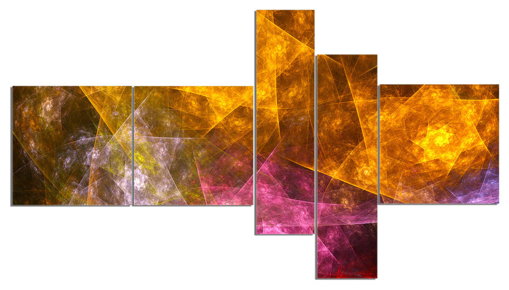 Yellow Pink Rotating Polyhedron, Abstract Canvas Art Print, 60"x32", 5 panels