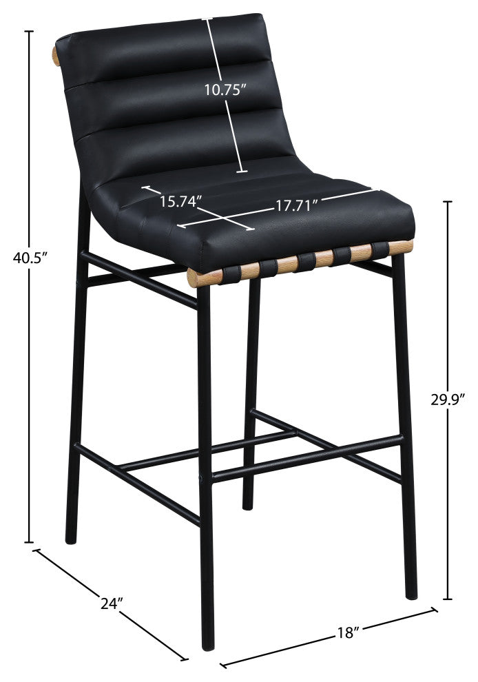 Burke Upholstered Bar Stool, Black, Vegan Leather, White Oak Veneer Metal Dowel