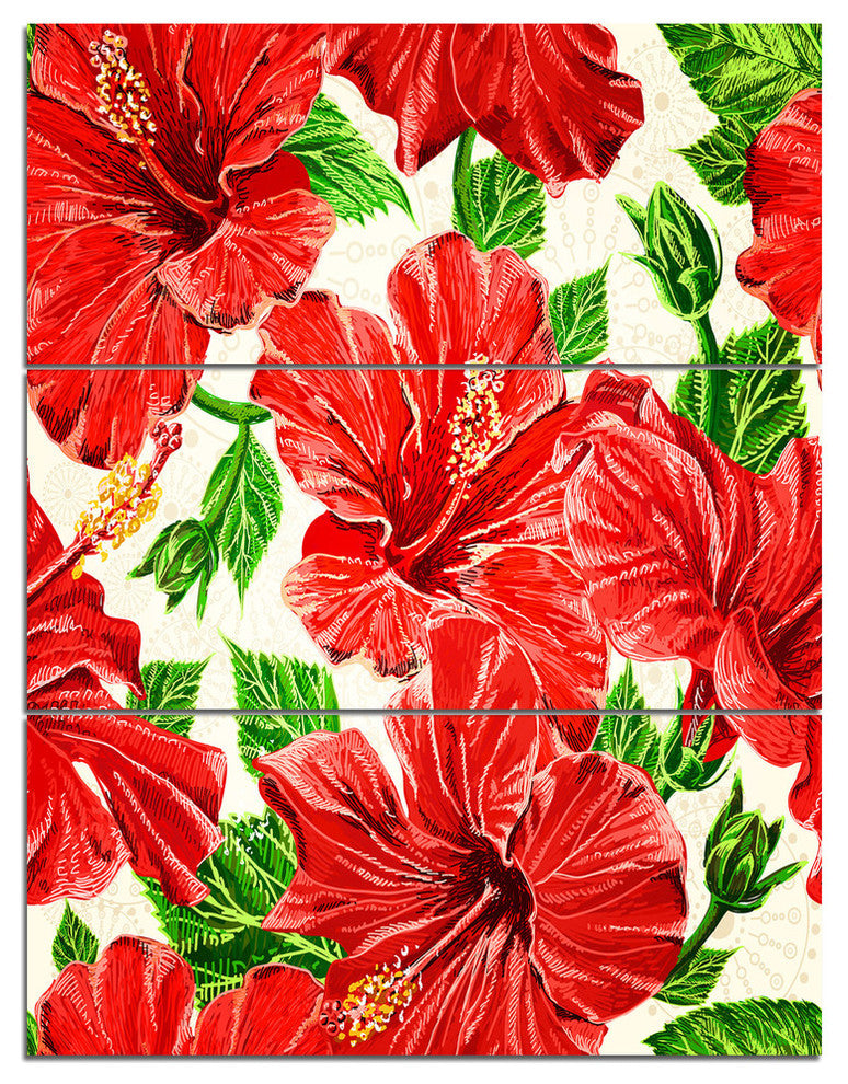 "Seamless Hibiscus Flowers Pattern" Metal Wall Art, 3 Panels, 28"x36"
