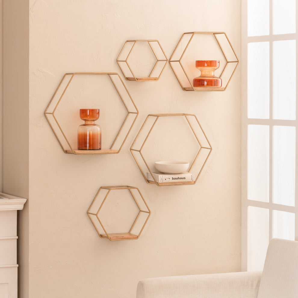 Haverstock Set Of 5 Wall Mounted Shelves, Gold/Natural