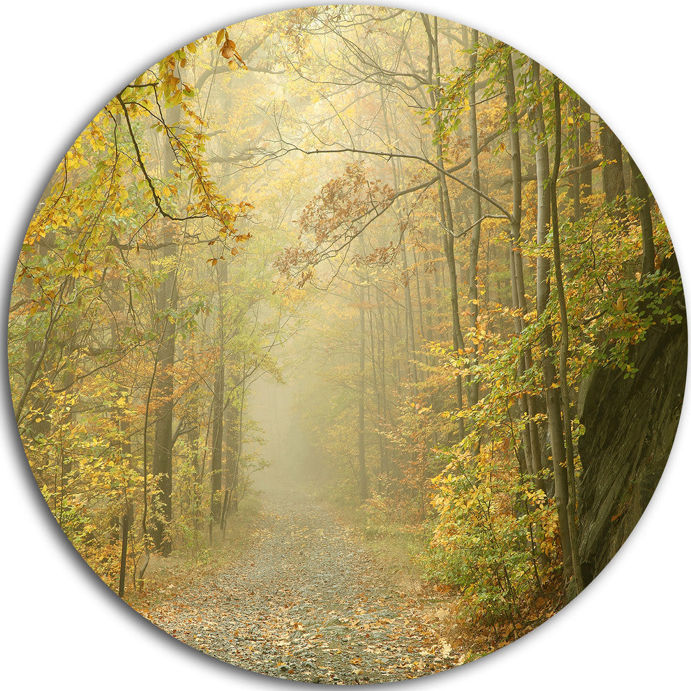 Autumn Forest Path On Misty Morning, Landscape Disc Metal Wall Art, 23"