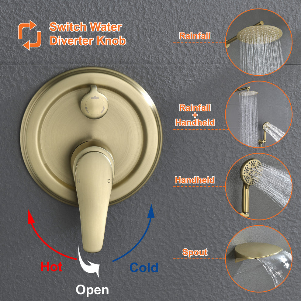 Waterfall Tub Spout Shower System, Handheld Shower Head, Brushed Gold