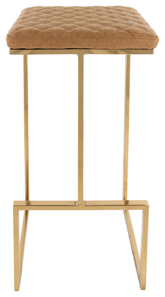 Quincy Leather Barstool Square Seats and Gold Metal Frame, Light Brown