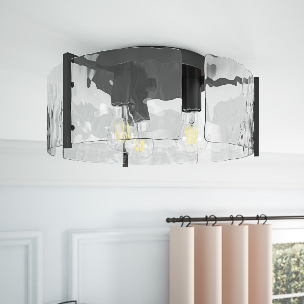 Modern Black Metal Flush Mount Ceiling Light with Curved Water Glass Panels