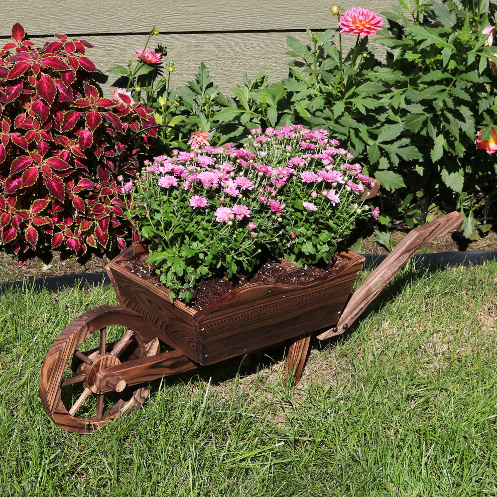 Sunnydaze Wooden Decorative Wheelbarrow Garden Planter, 10"x11"x35"
