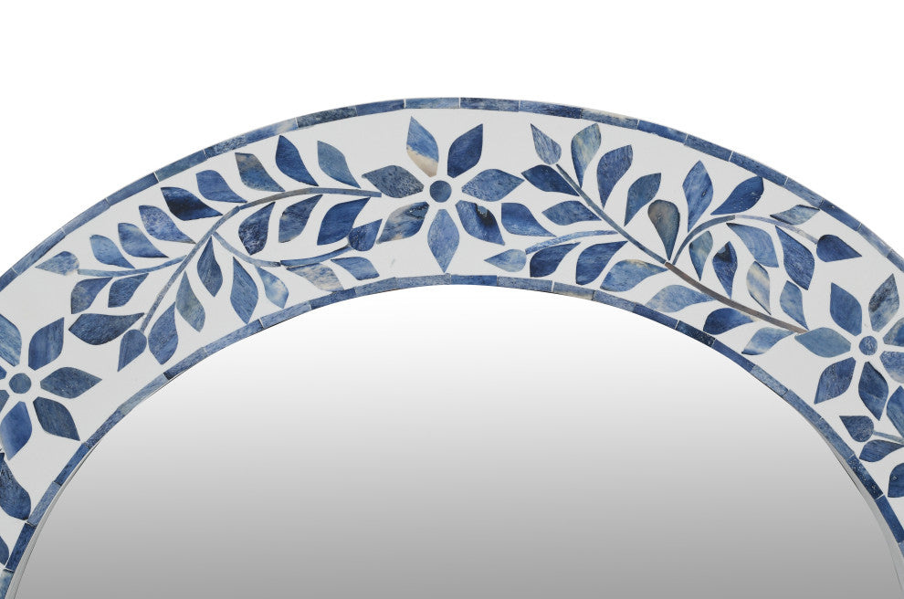Blue Leaf Bone Inlay Round Mirror, 26"