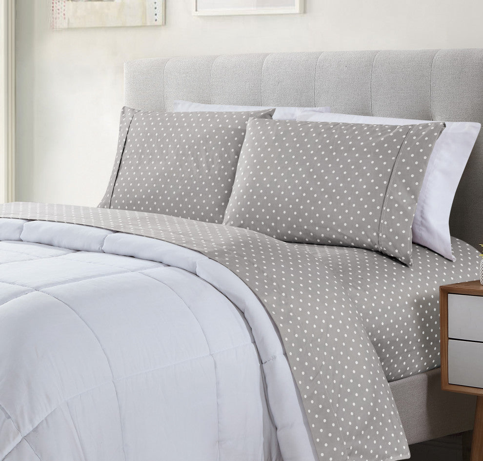 Bibb Home 4 Piece Printed Microfiber Sheet Set, Gray Polka Dot, King