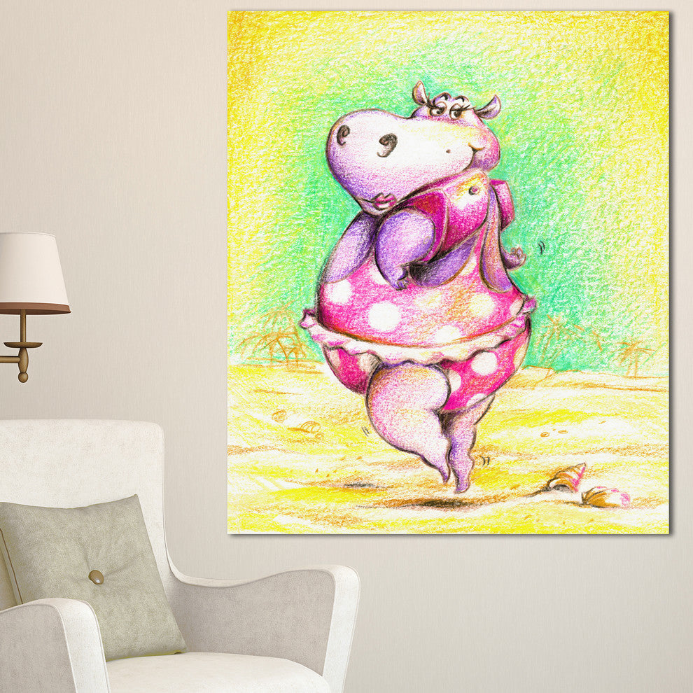 Cute Hippo Goes Swimming, Abstract Canvas Art Print, 30"x40"