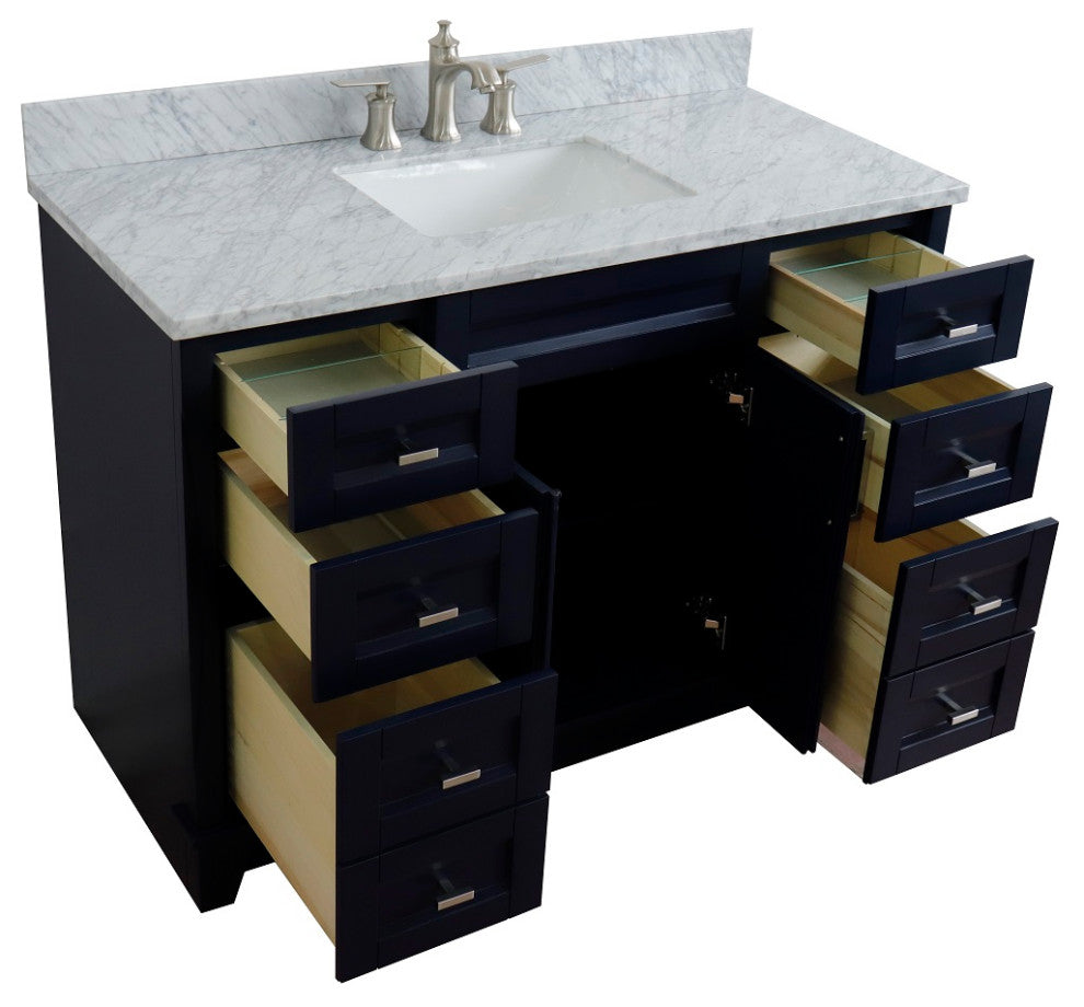 49" Single Sink Vanity, Blue Finish With White Carrara Marble