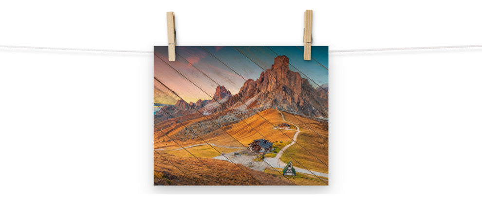 Faux Wood Majestic Sunset & Alpine Mountain Landscape Photo Wall Art Print, 8" X 10"