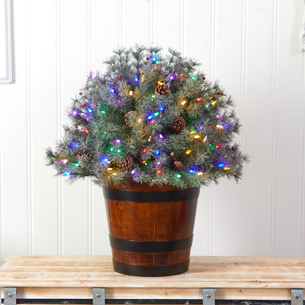 26" Flocked Faux Xmas Shrub W/Pinecones, Multicolored Lights & Bendable Branches