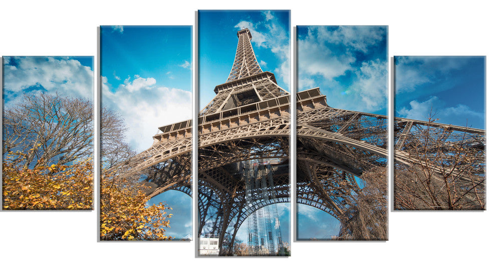"Paris Eiffel Tower and Blue Paris Sky View" Cityscape Art, 60"x32", 5-Panels