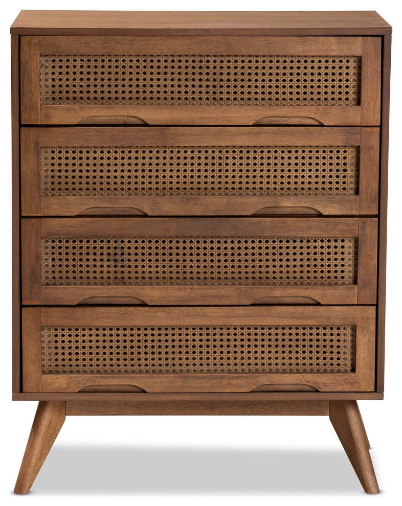 Barrett Mid-Century Brown Finished Wood and Synthetic Rattan 4-Drawer Chest