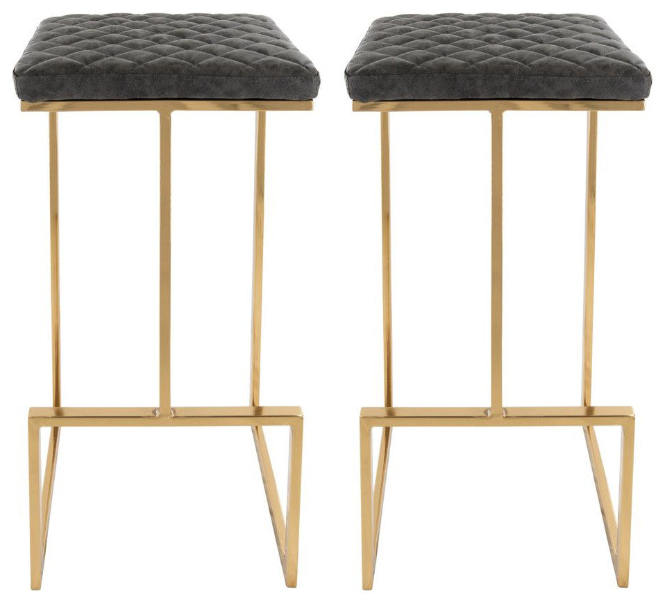 LeisureMod Quincy Leather Bar Stools With Gold Metal Frame Set of 2
