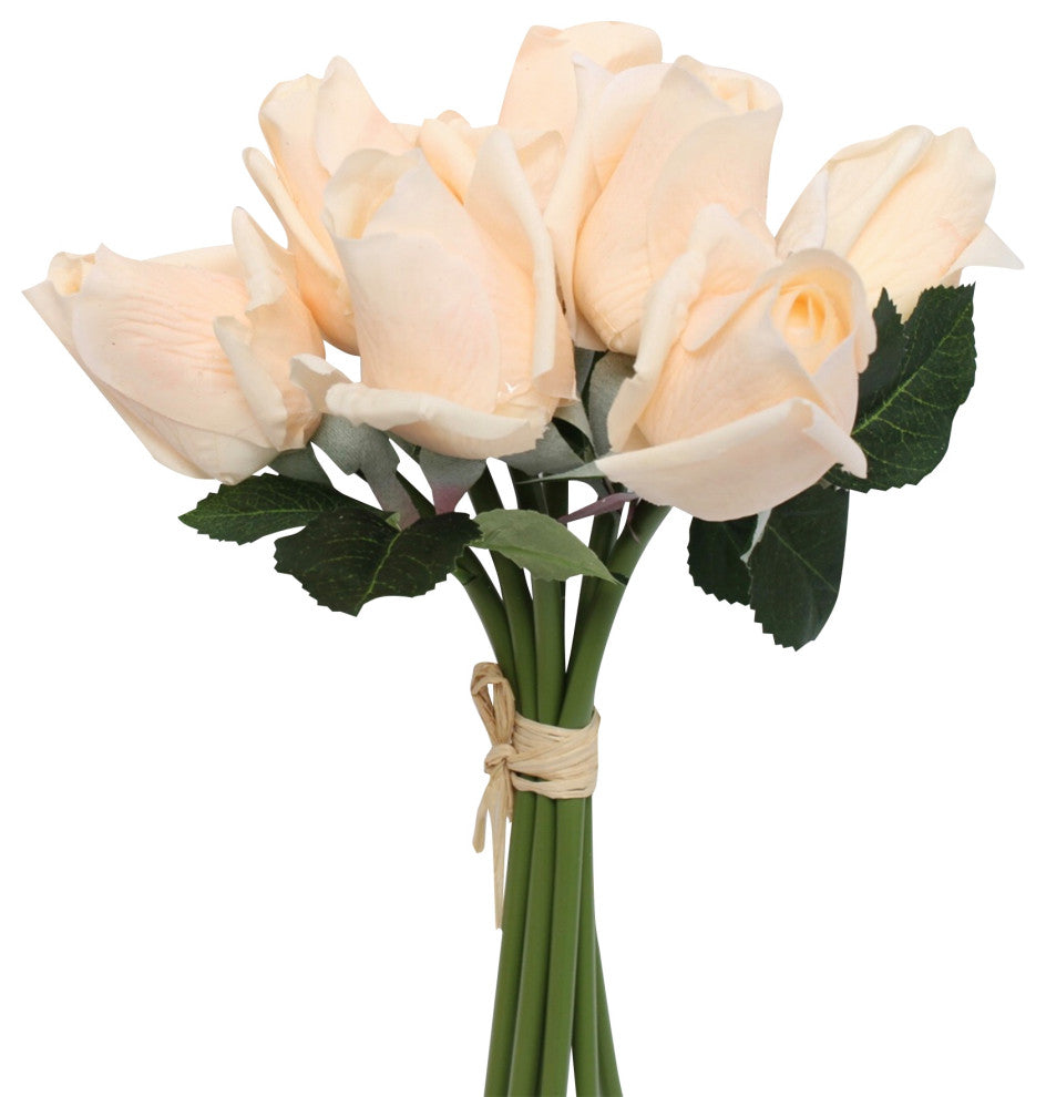 Set Of 7 Artificial Large Rosebud Stems, Light Rosegold Champagne