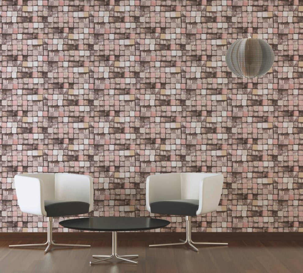 Faux Textured Wallpaper, Wood Mozaic, Brown Cream Pink, Sample