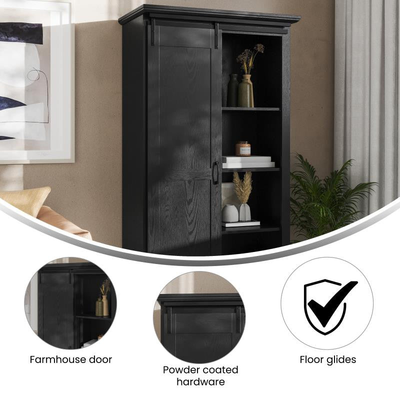 Harrison 36" Wide Rustic Bookcase with Sliding Barn Door & Adjustable Shelves, Black