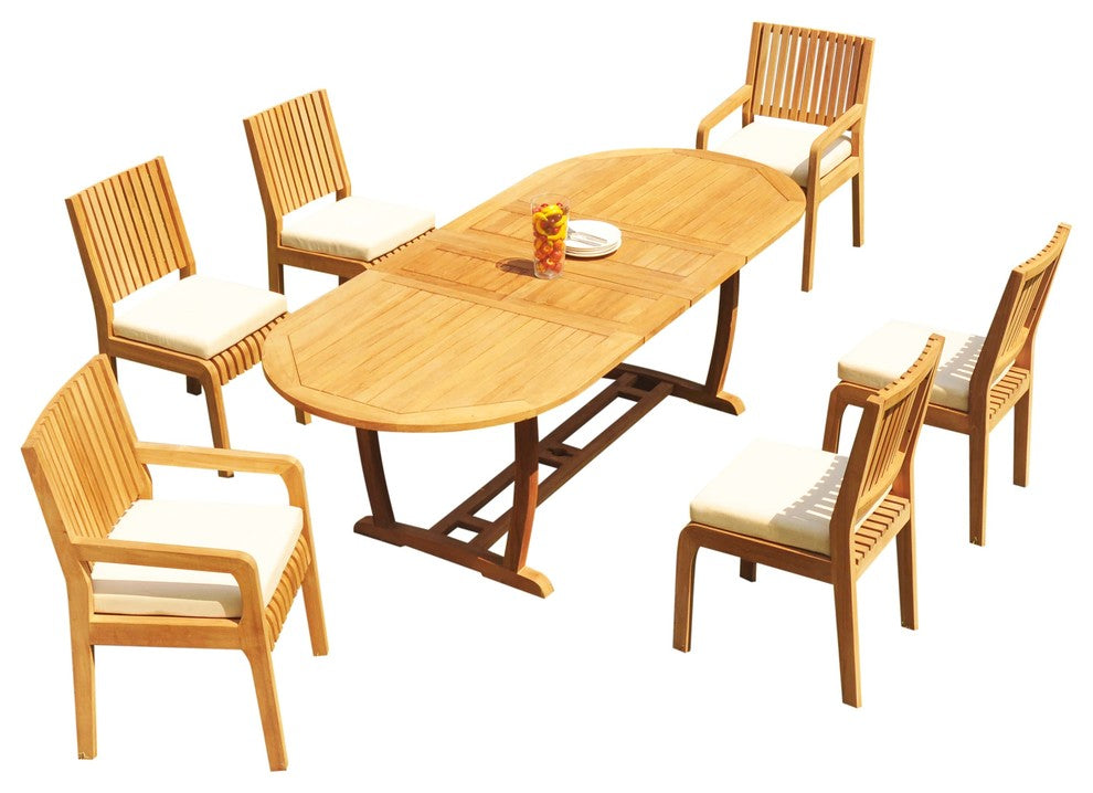 7-Piece Outdoor Teak Dining Set: 94" Masc Oval Extension Table, 6 Maldives Chair