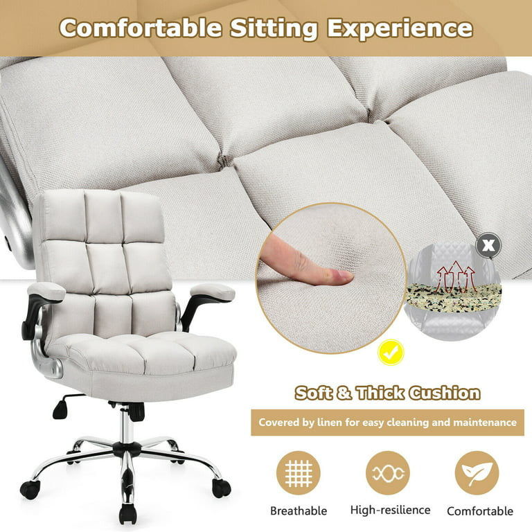 Modern Office Chair, Extra Padded Square Tufted Seat With Flip Up Arms, Beige
