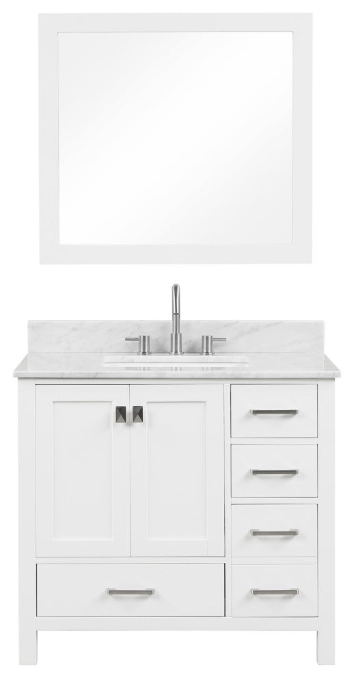 Freestanding Bathroom Vanity With Marble Countertop and Undermount Sink, White, 36" With Sink and Mirror