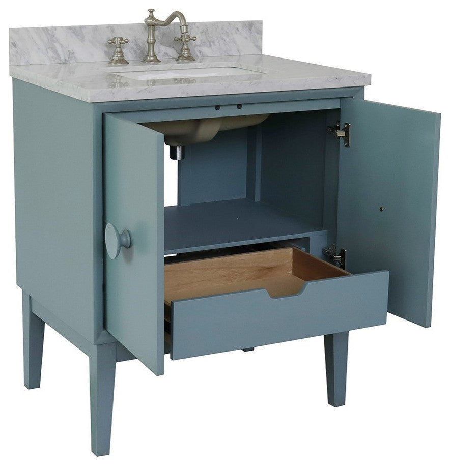 31" Single Vanity, Aqua Blue Finish With White Carrara Top