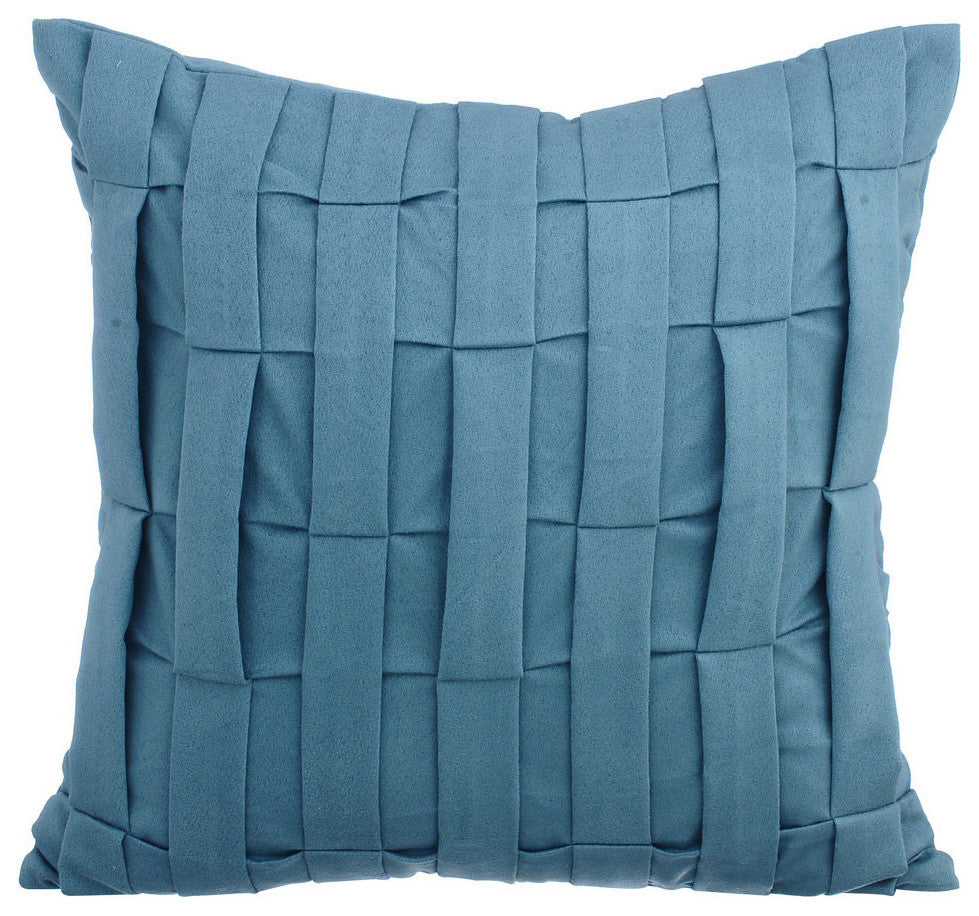 Textured Pintucks 14"x14" Suede Fabric Blue Pillow Cover, Dull Blue Love Tune