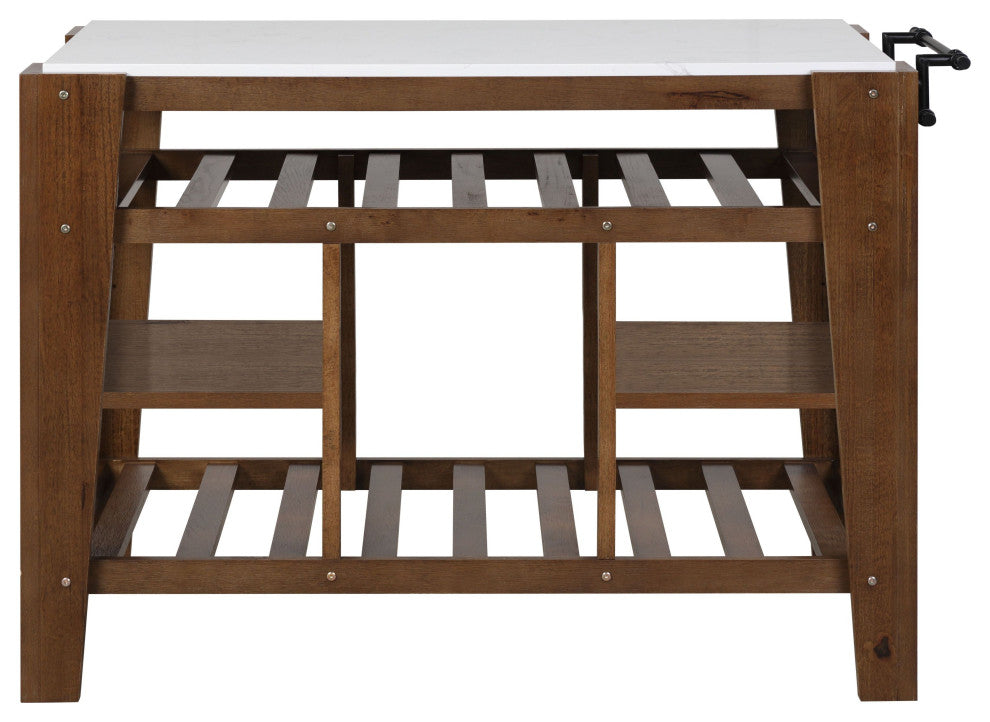Alaroa Kitchen Island, Marble Top and Rustic Brown Finish