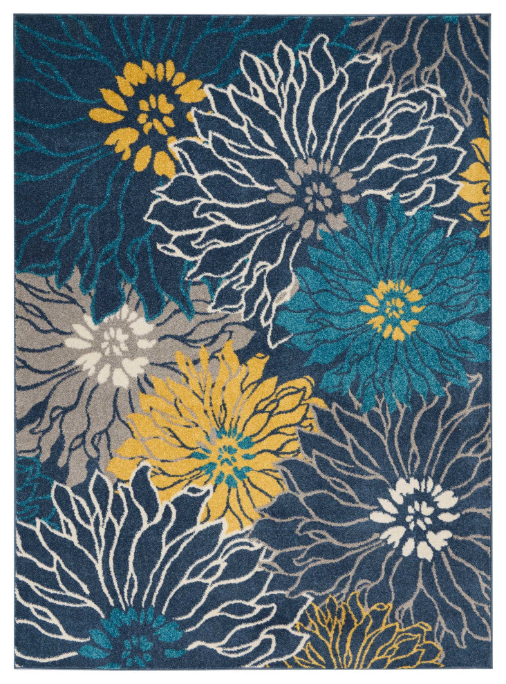 5' X 7' Blue Floral Power Loom Area Rug