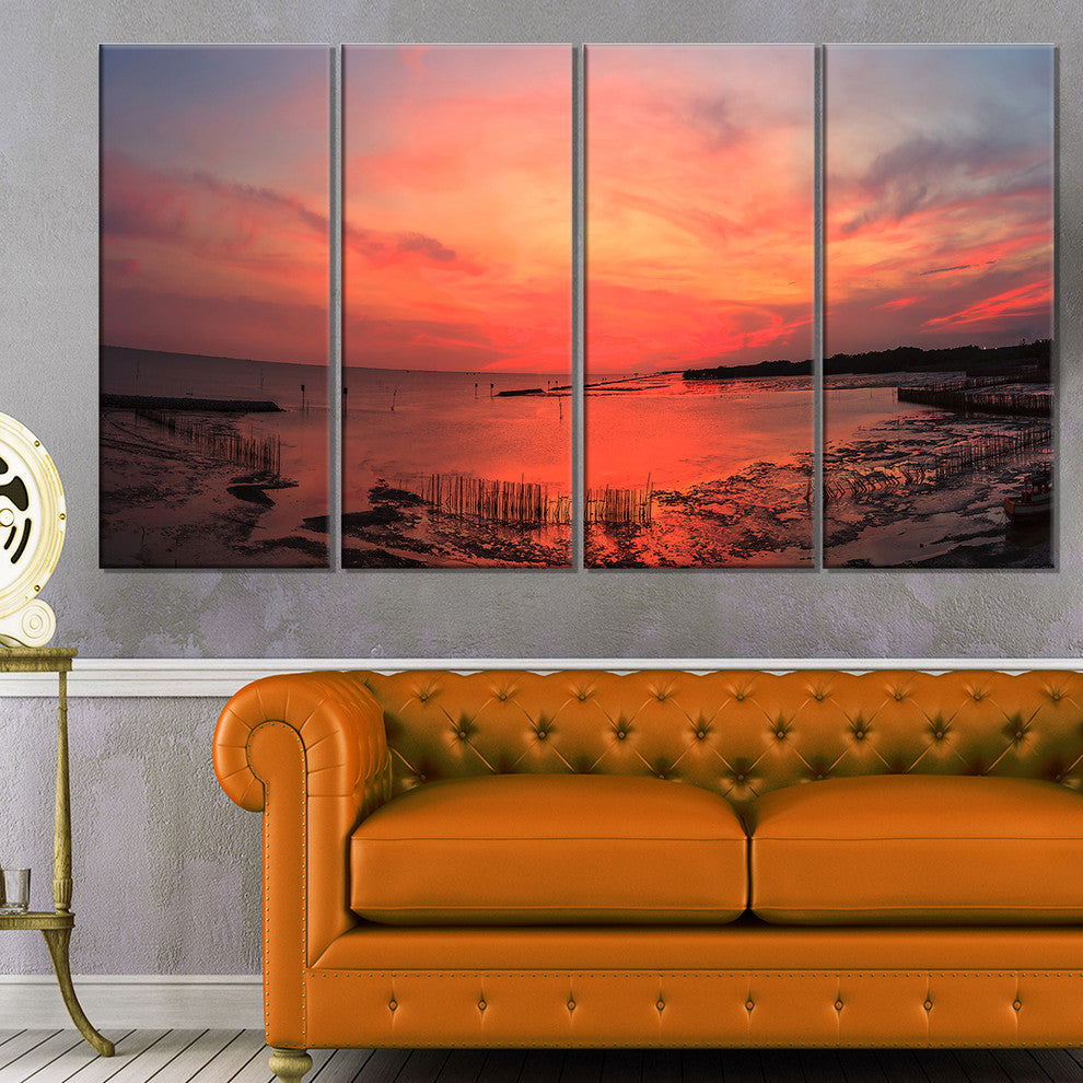 "Outstanding Panorama of Sunset in Sea" Seascape Art Canvas, 4 Panels, 48"x28"