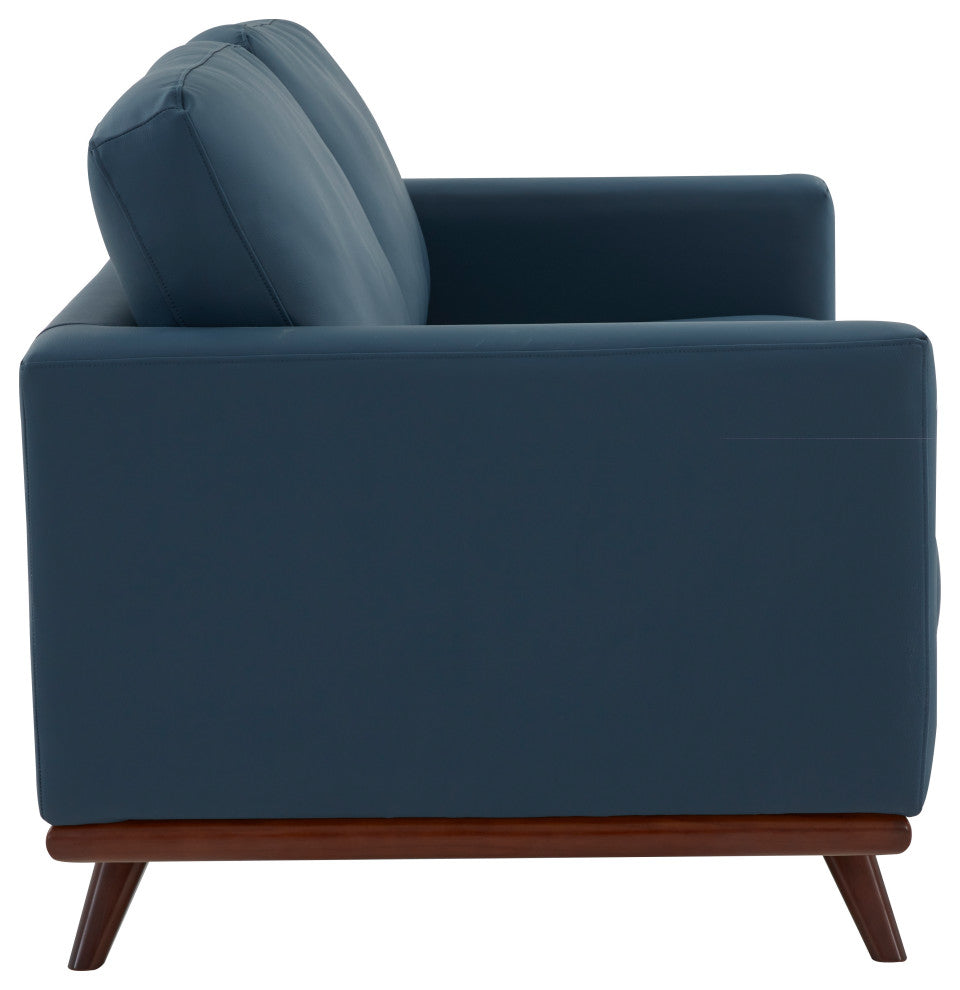 LeisureMod Chester Modern Leather Loveseat With Birch Wood Base, Navy Blue