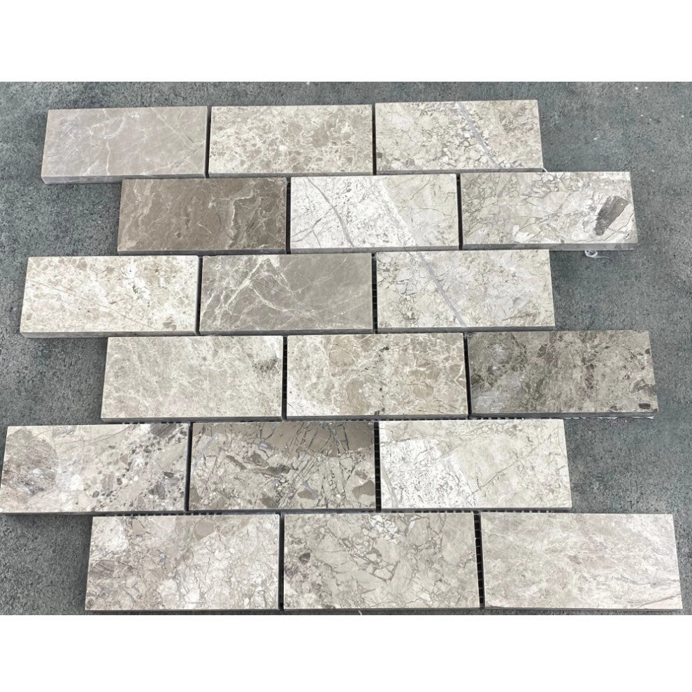 Silver Shadow Marble 2"x4" Brick on 12"x12" Mesh Mosaic Tile  (10 sqft per box)