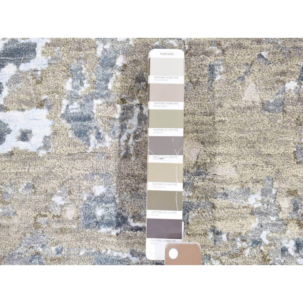 Gray, Modern Abstract Design, Hand Knotted Pure Wool, Runner Rug, 2'6"x10'6"