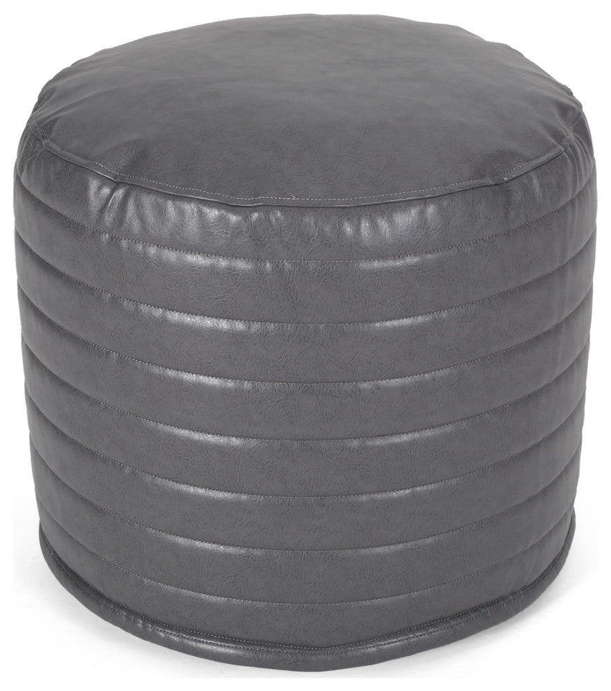 Conrail Contemporary Faux Leather Channel Stitch Pouf, Gray, Cylinder