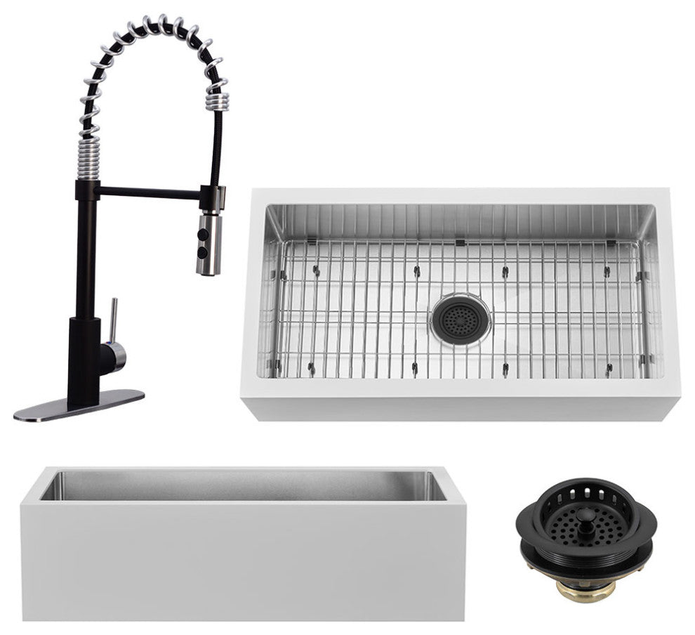 36" Single Bowl Farmhouse Solid Surface Sink and Faucet Kit, Black/Steel
