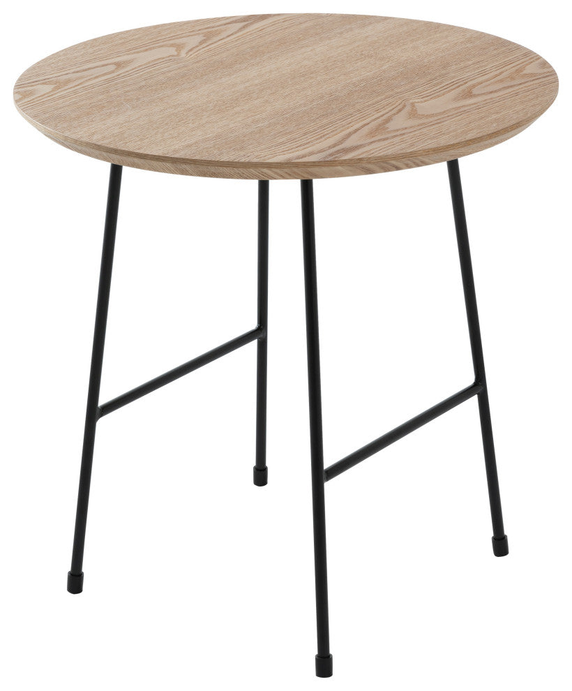 LeisureMod Rossmore Modern Round Side Table With Black Steel Frame, Natural Wood