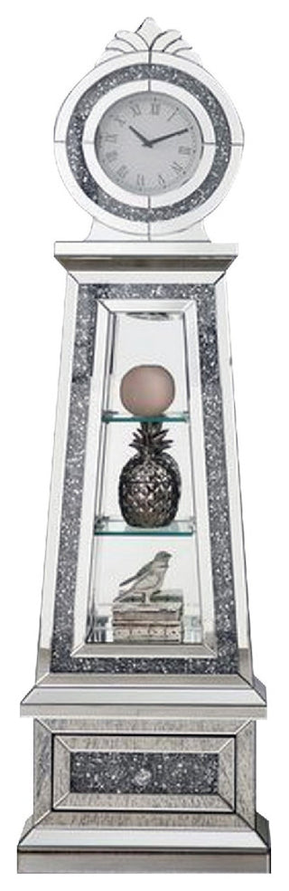 Benzara BM269090 Mirrored Grandfather Clock With 3 Open Compartments, Silver