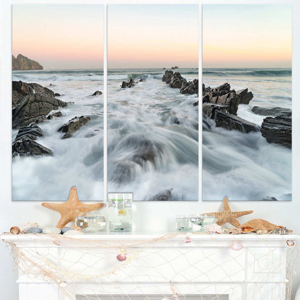 "Waves Hitting Beach at Sunrise Atlantic" Metal Wall Art, 3 Panels, 36"x28"