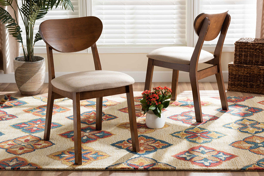 Eurah Mid-Century Modern Upholstered Dining Chair, Set of 2, Sand/Walnut Brown