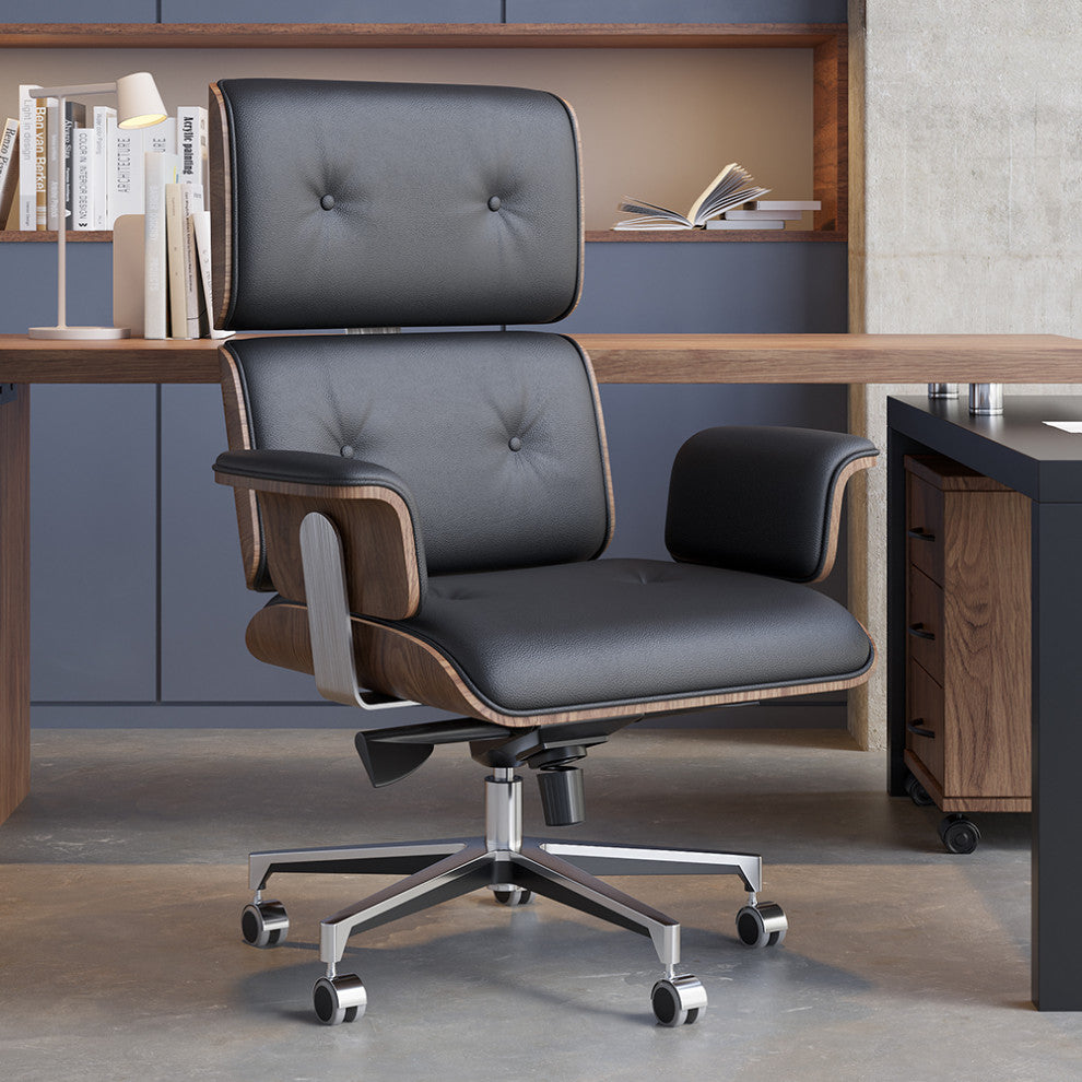 Black Home Office Chair Swivel Upholstered Wooden Desk Chair Adjustable Height, Black