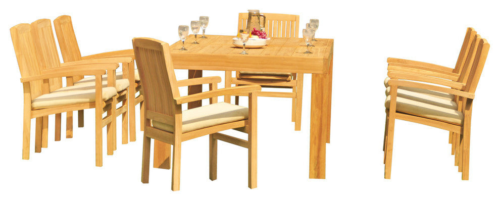 9-Piece Outdoor Teak Dining Set: 86" Rectangle Table, 8 Wave Stacking Arm Chairs