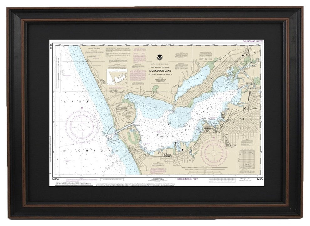 Framed Nautical Chart, Muskegon Lake and Harbor, Lake Michigan, 24x16