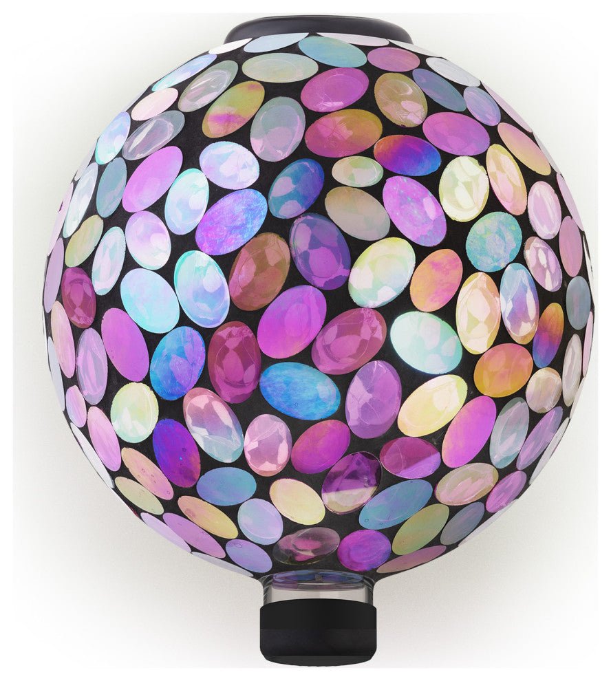 Solar Powered Pink Glass Mosaic Gazing Globe with LED Lights and Metal Stand