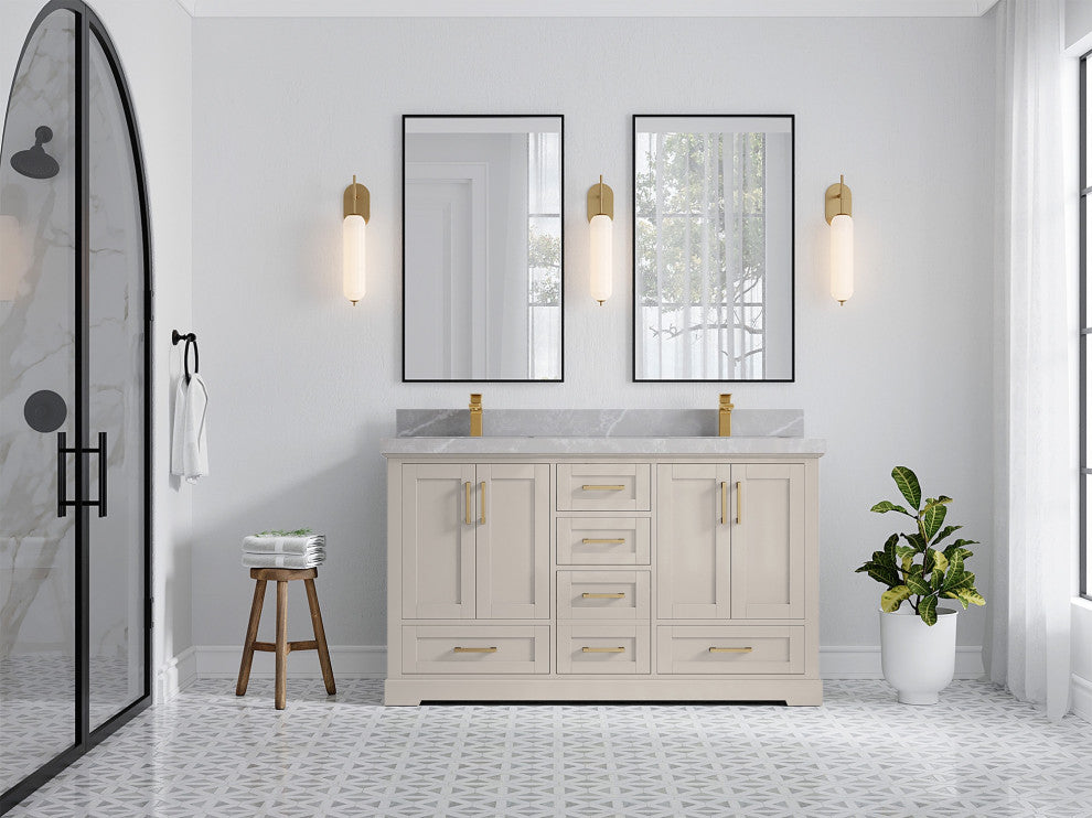 Boston 60" Double Bathroom Vanity in Fine Grain 2" Pearl Gray