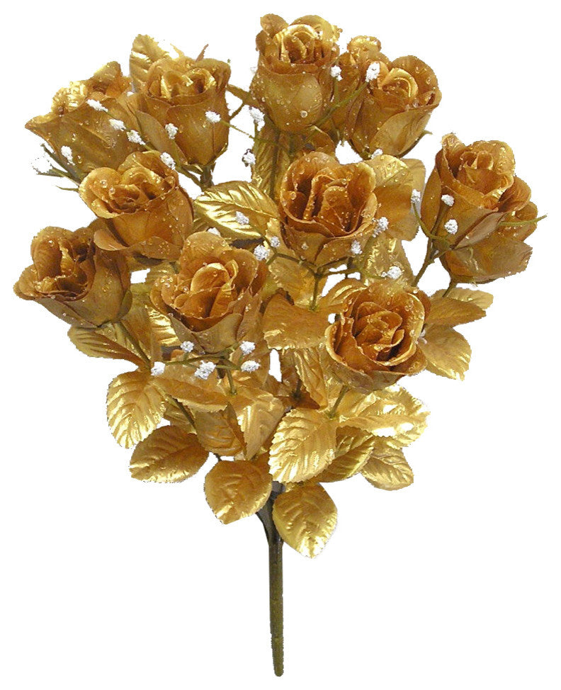 14 Stems Faux Blossoms Rose Bush, Gold
