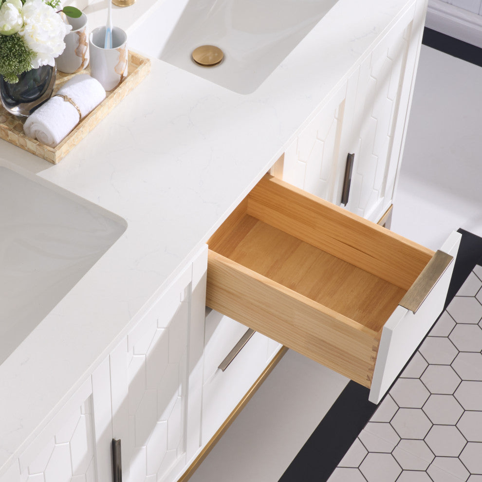Alison Freestanding Bathroom Vanity with Italian Carrara White Marble Top, White, 60"