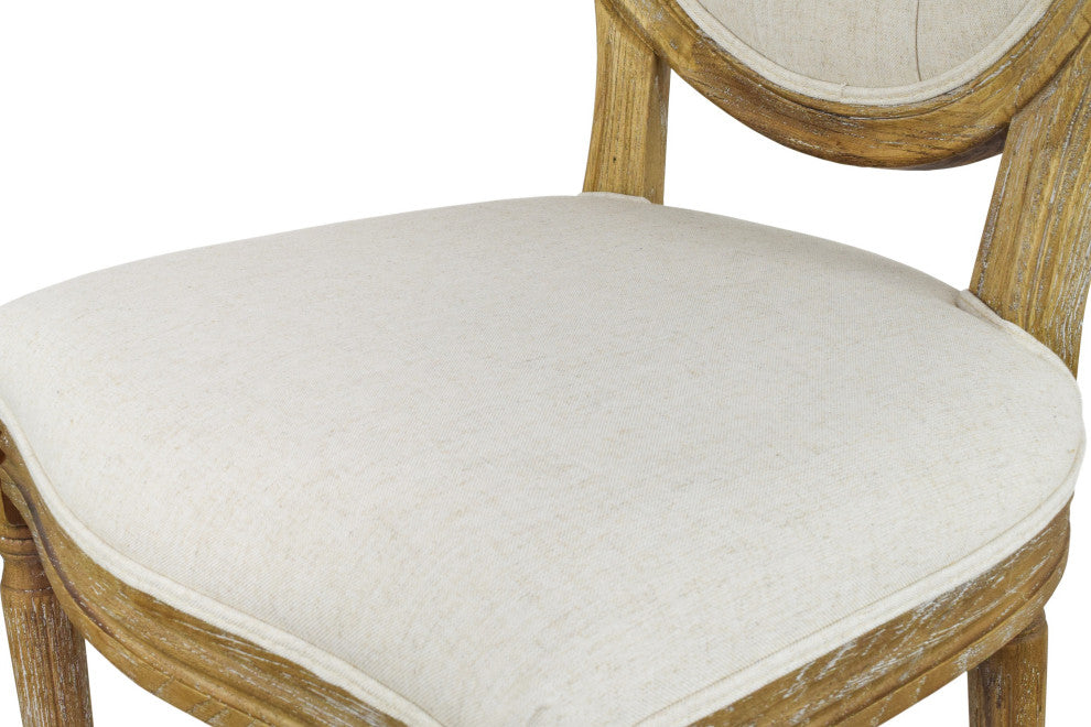 French Chic Vintage Style Dining Side Chair With Upholstered Linen Welted Fabric, Button Back