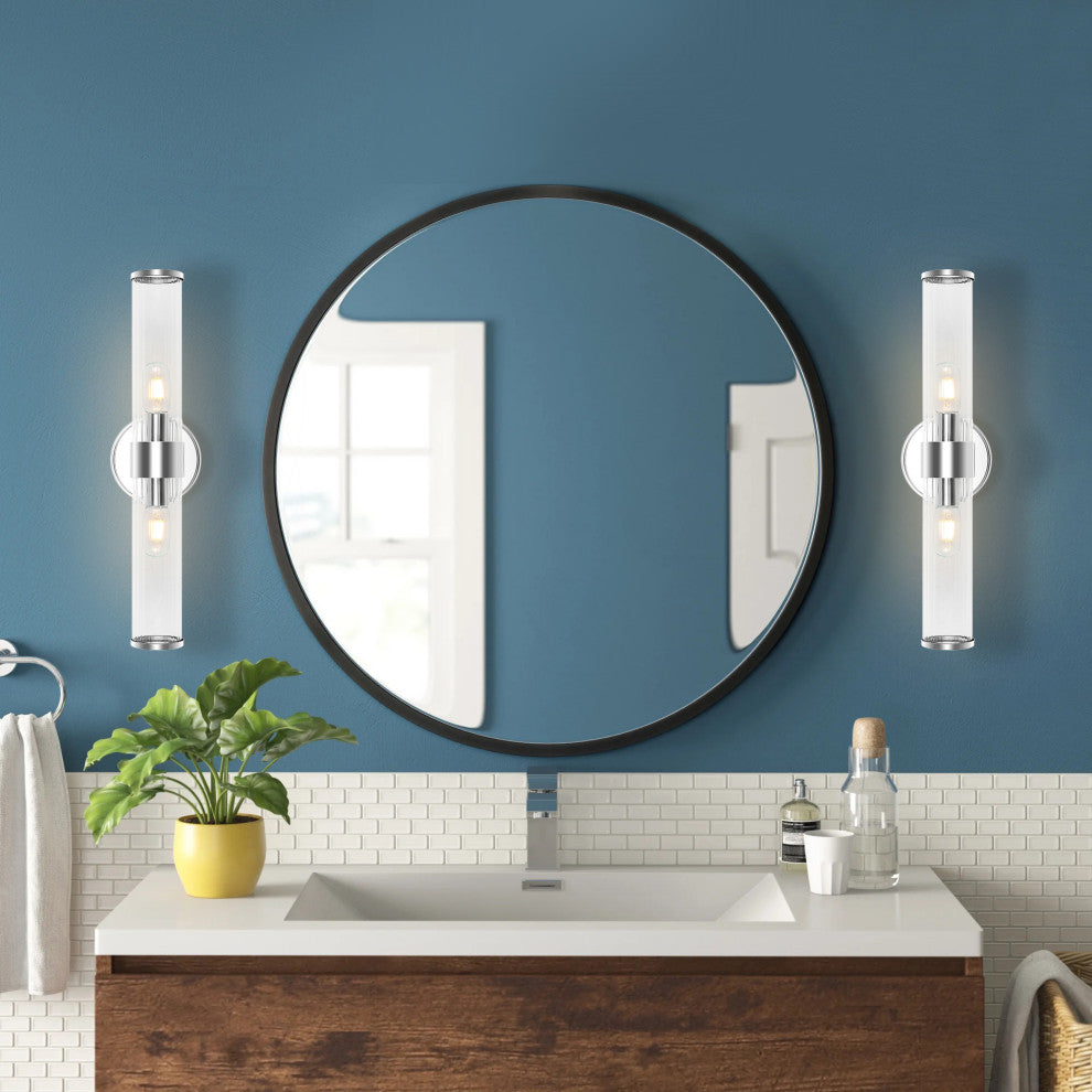 Cecil Tall Cylinder Iron/Striped Glass Modern LED Vanity, Chrome, 2-Light