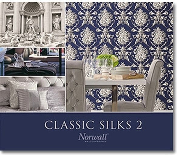 Classic Silks 2, Damask Stripes Silk Emboss Blue, White Wallpaper Roll