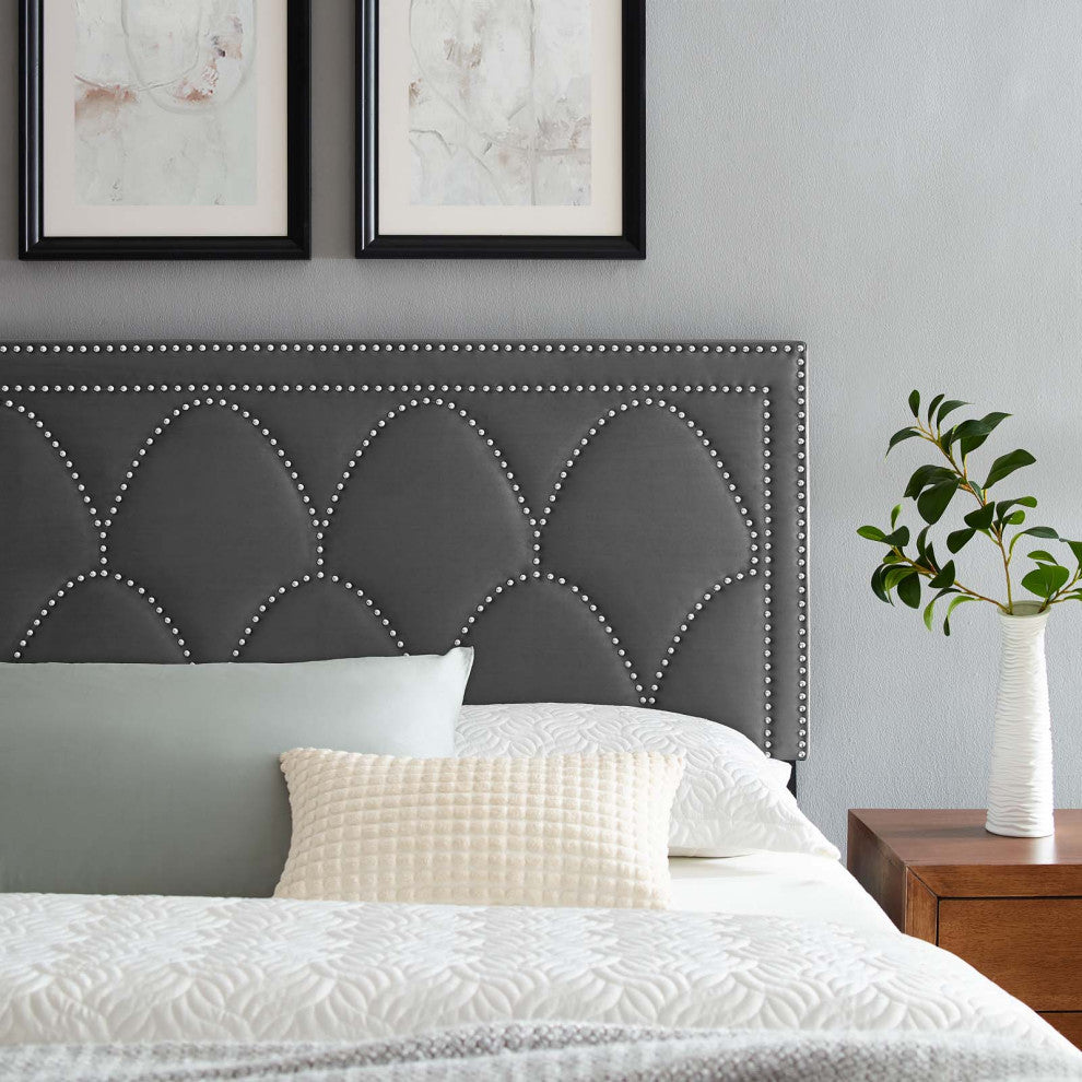 Headboard, Nailhead, Twin Size, Charcoal Gray, Velvet, Modern, Guest Suite